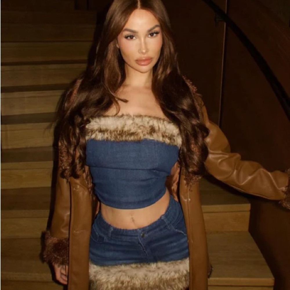 Fashion Nova Blue and Brown Skirt Set